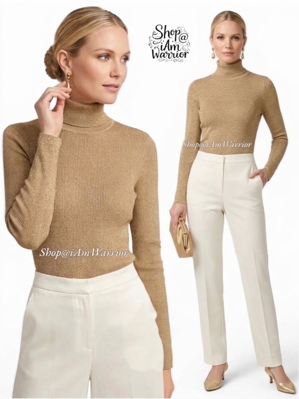 Chico’s ribbed stretch gold metallic turtleneck sweater *shop@iamwarrior
